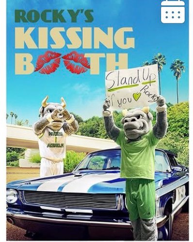 Rocky D. Bull mascot at an outdoor event with a kissing booth — Valentine's themed photo from a USF community event